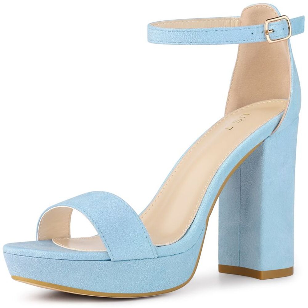 Platform High Heels Ankle Strap Chunky Heel Sandals for Women Sky Blue
